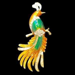 Bird of paradise enamel, rhinestone, gold tone, brooch, pin, estate jewelry